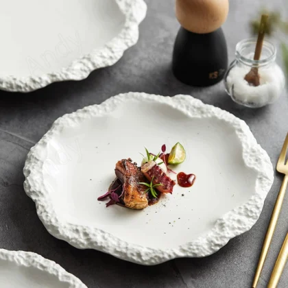 European Ceramic Dinner Plate Stone Texture Border